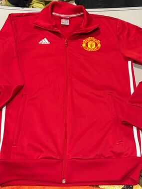 Manchester United Adidas soccer jacket men’s small red zip front no hood EUC
